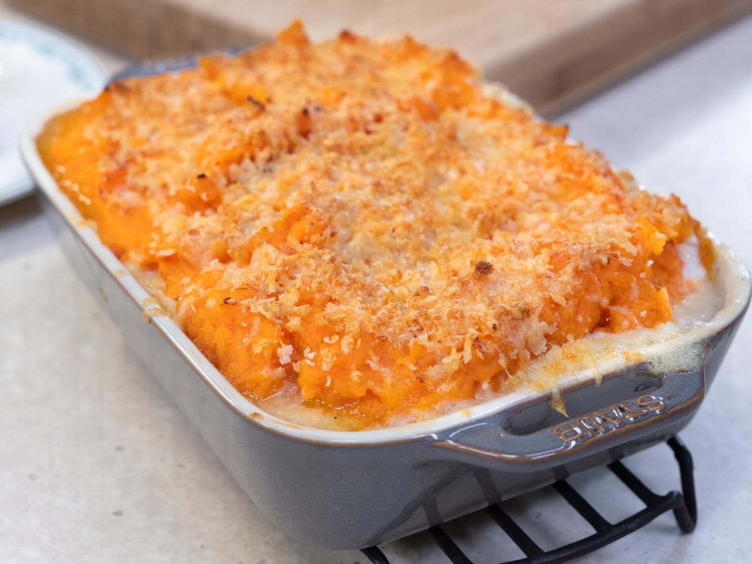 Fish pie met zoete aardappel en prei