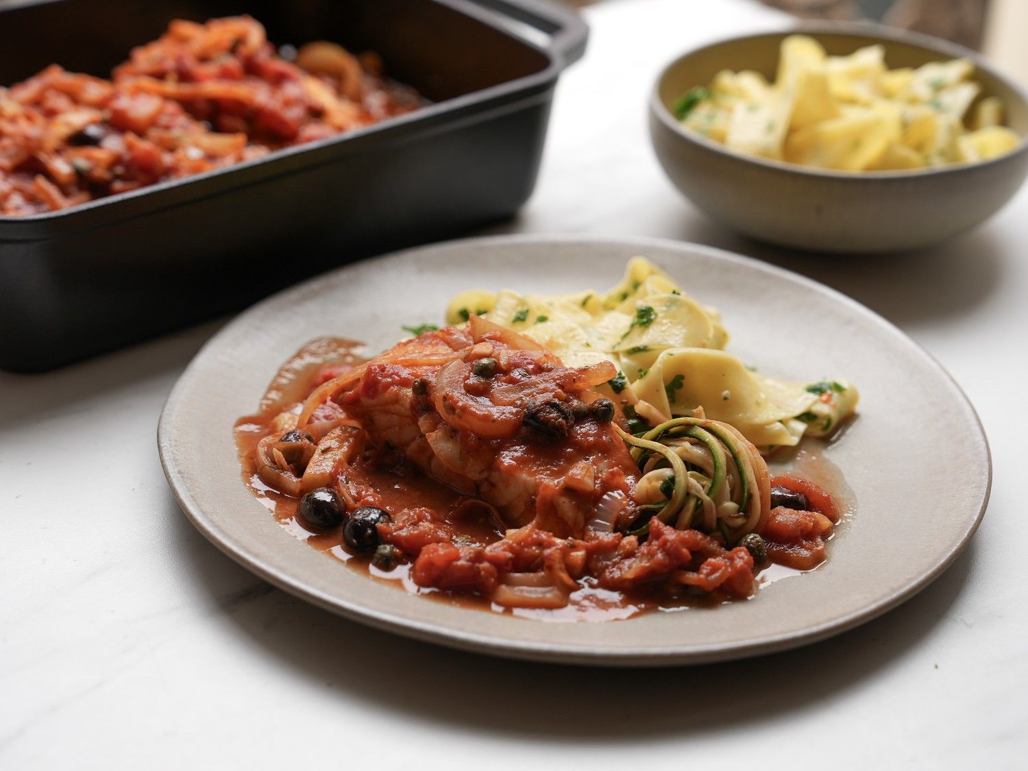 Koolvis puttanesca met pappardelle