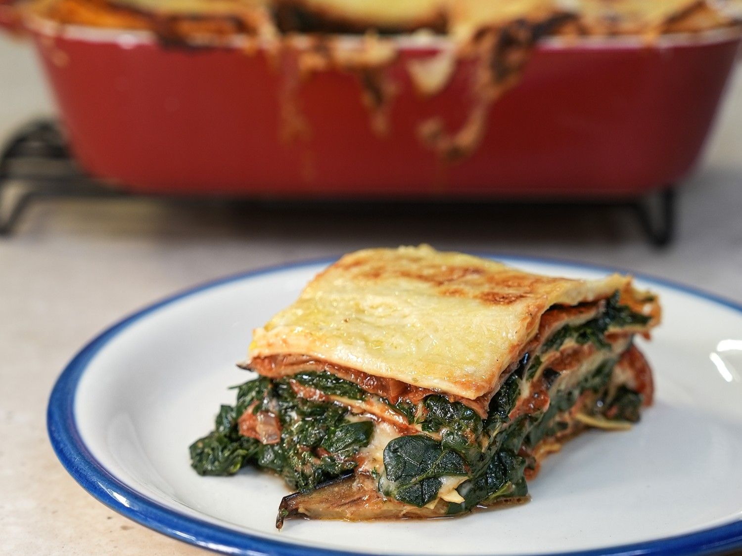 Verse lasagne met spinazie en gebakken aubergine