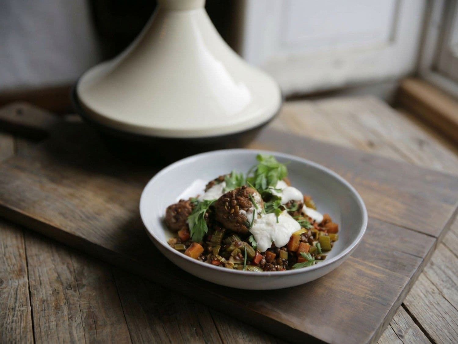 Tajine met linzen, kruidige gehaktballetjes en yoghurtdressing