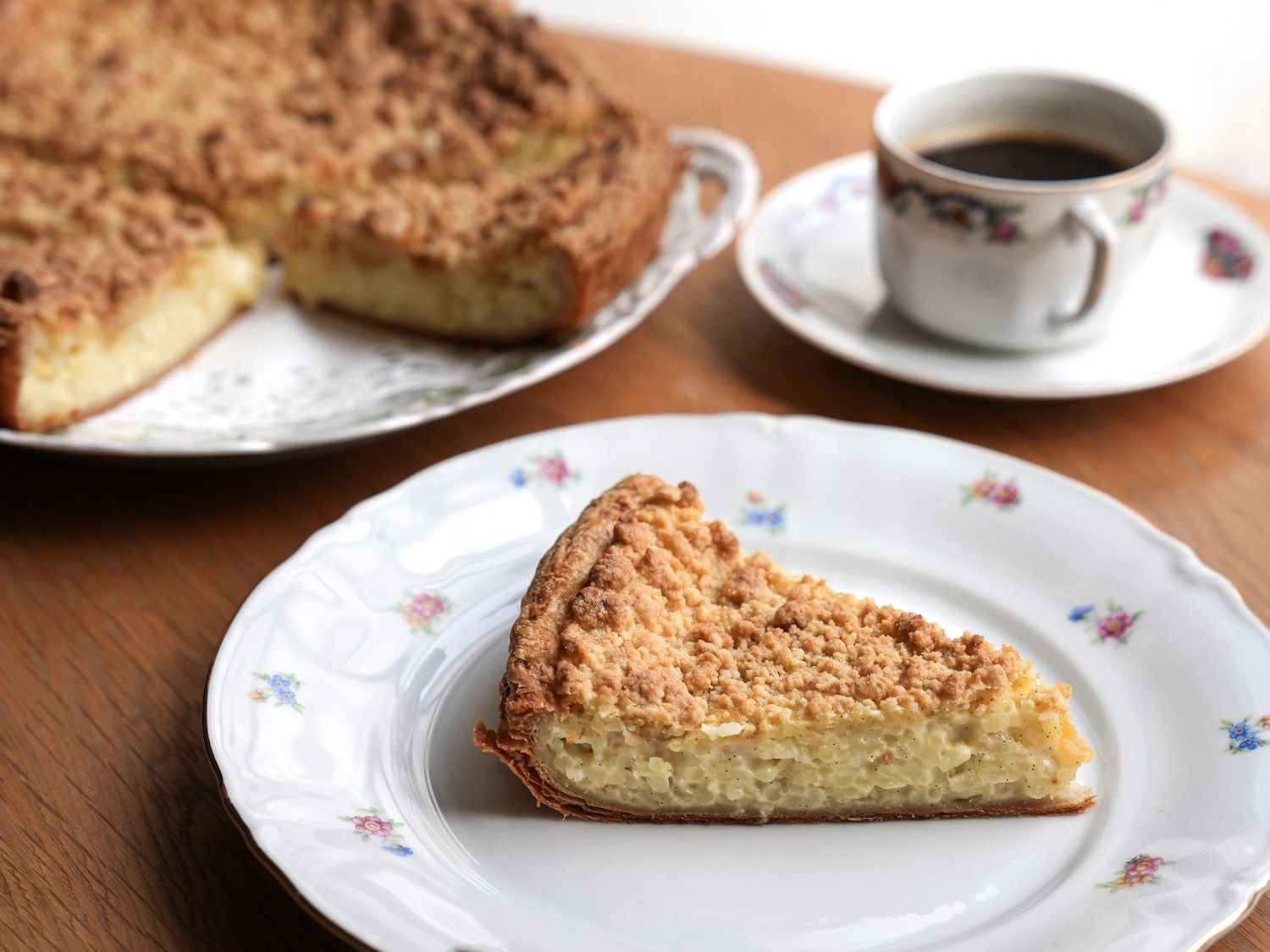 Rijsttaart met crumble van blonde suiker