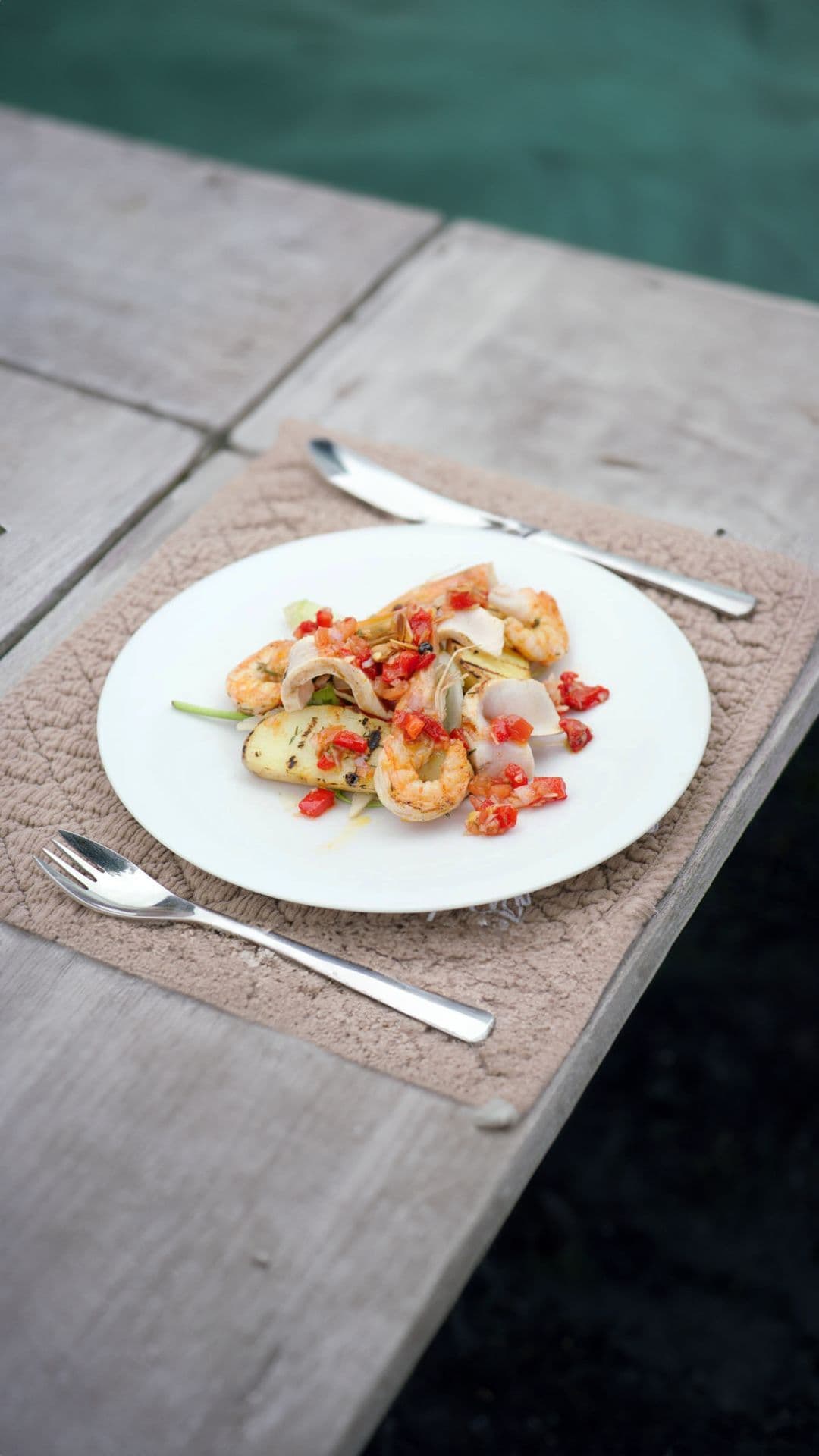 Venkelsalade van gegrilde zwaardvis en gamba’s met romescosalsa