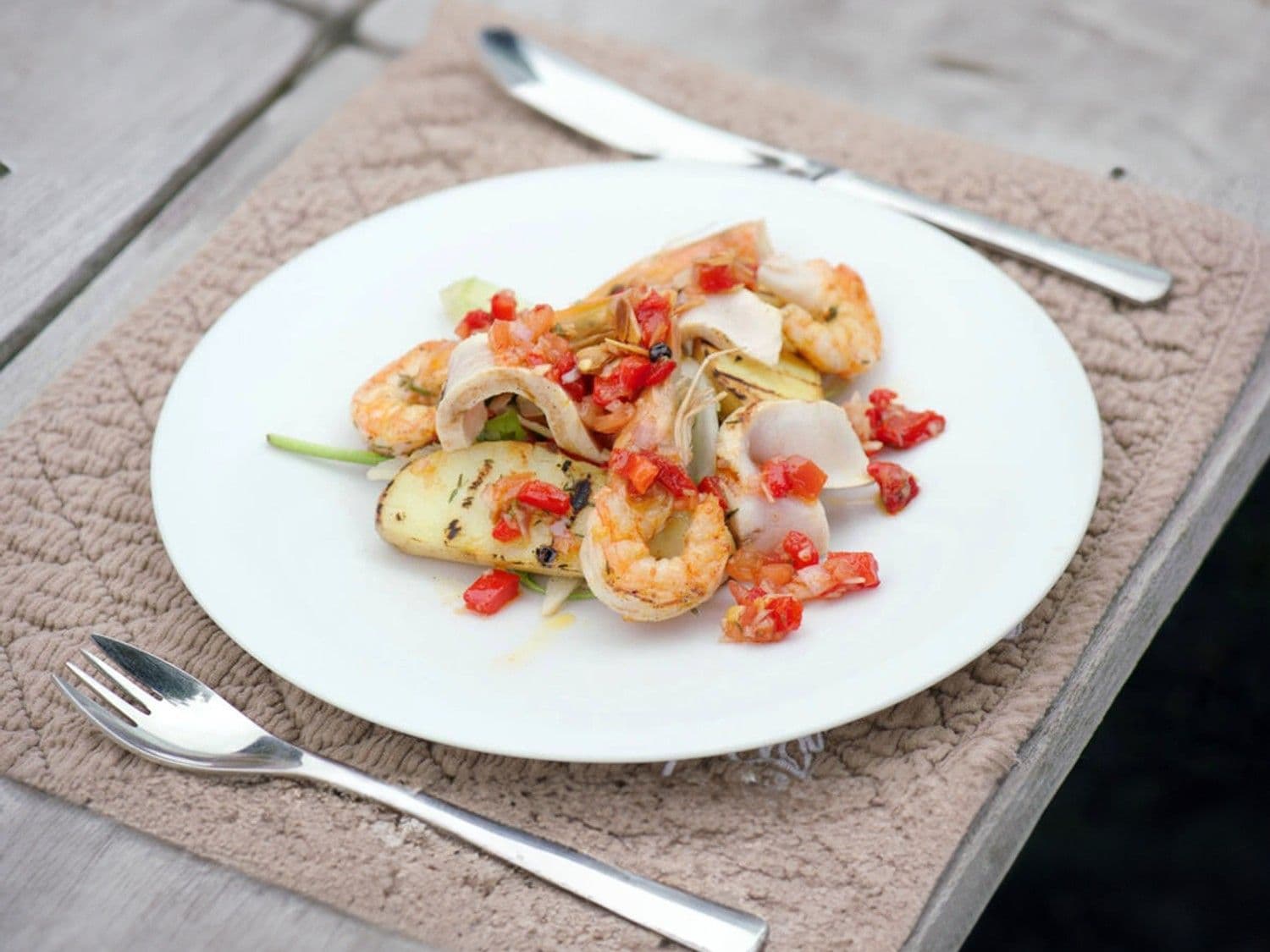 Venkelsalade van gegrilde zwaardvis en gamba’s met romescosalsa