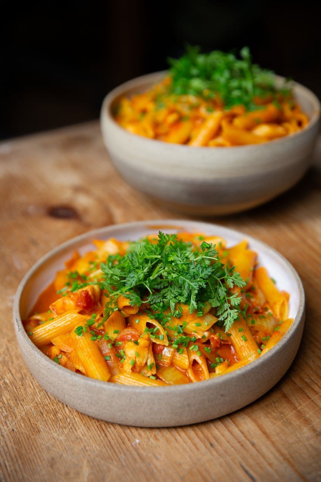 Scampi diabolique met penne en venkel