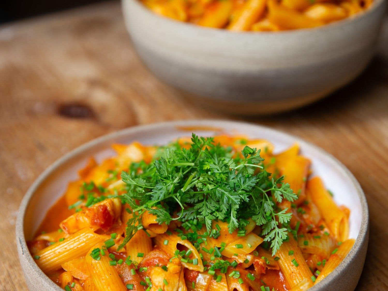 Scampi diabolique met penne en venkel