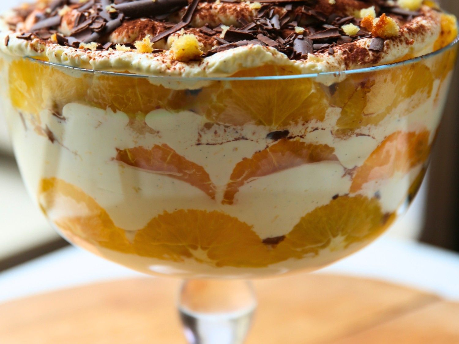 Trifle van sinaasappel, plattekaas en chocolade