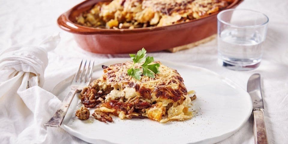 Ovenschotel met gehakt, pompoen en witte kool