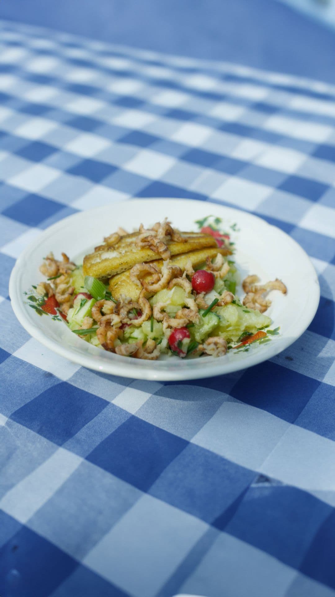 Gebakken tongschar met lauwe aardappelsalade en garnalen