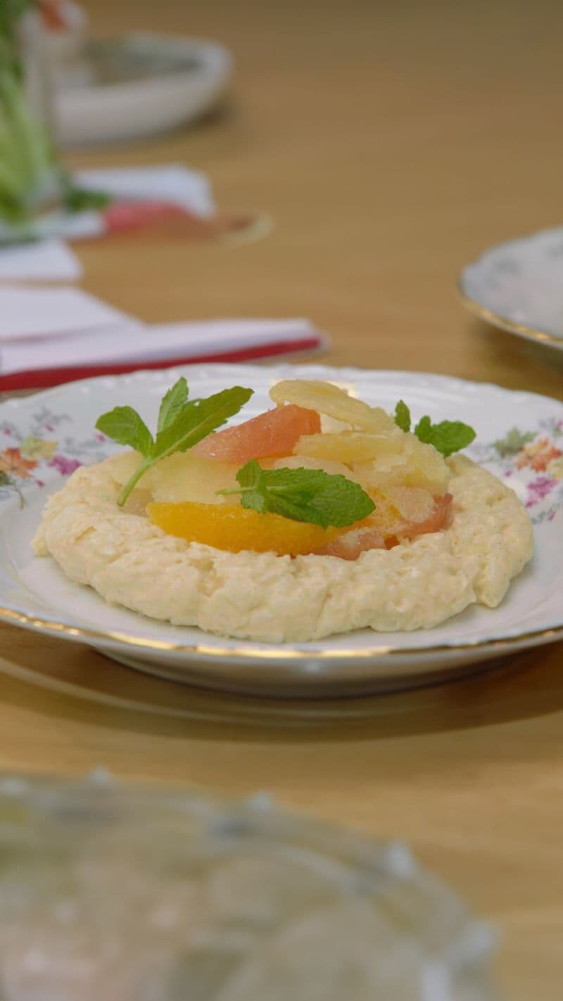 Rijstpap met citrussalade en granité van citrus