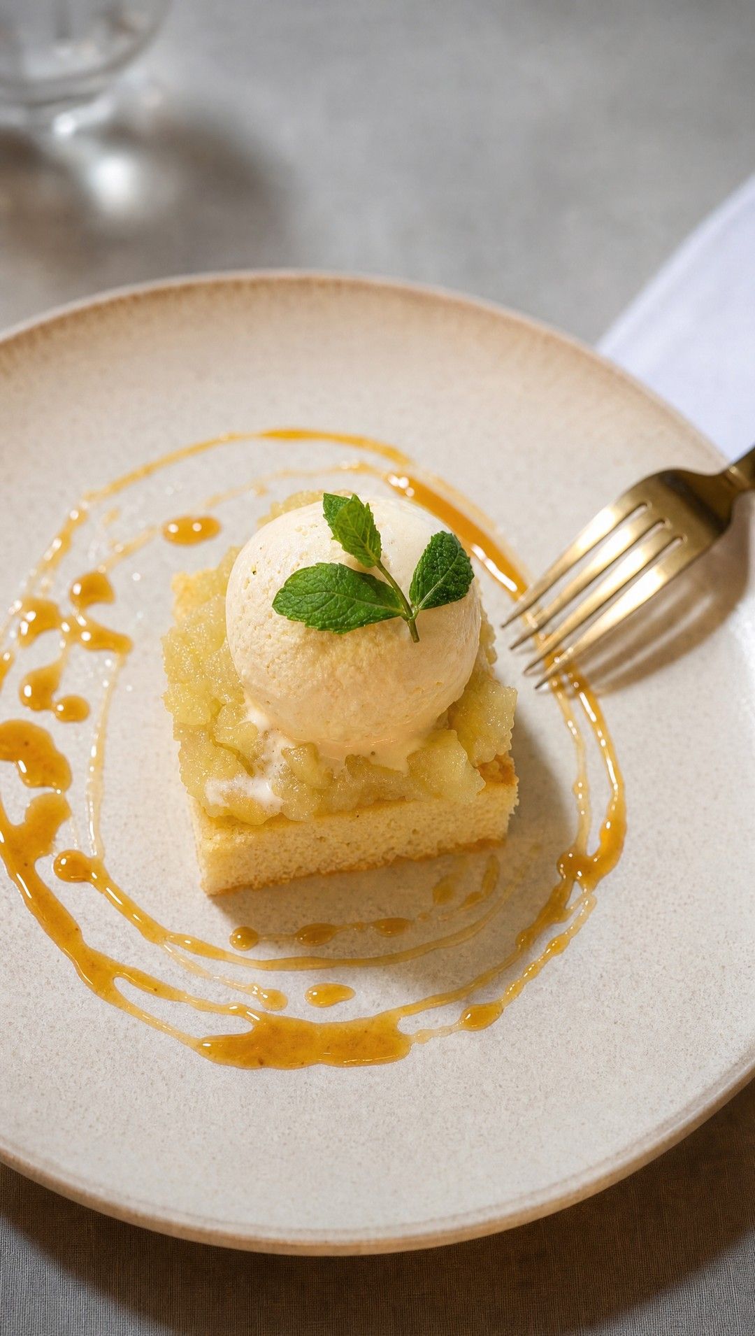 Financier met compote van appel, vanille-ijs en karamel van amaretto