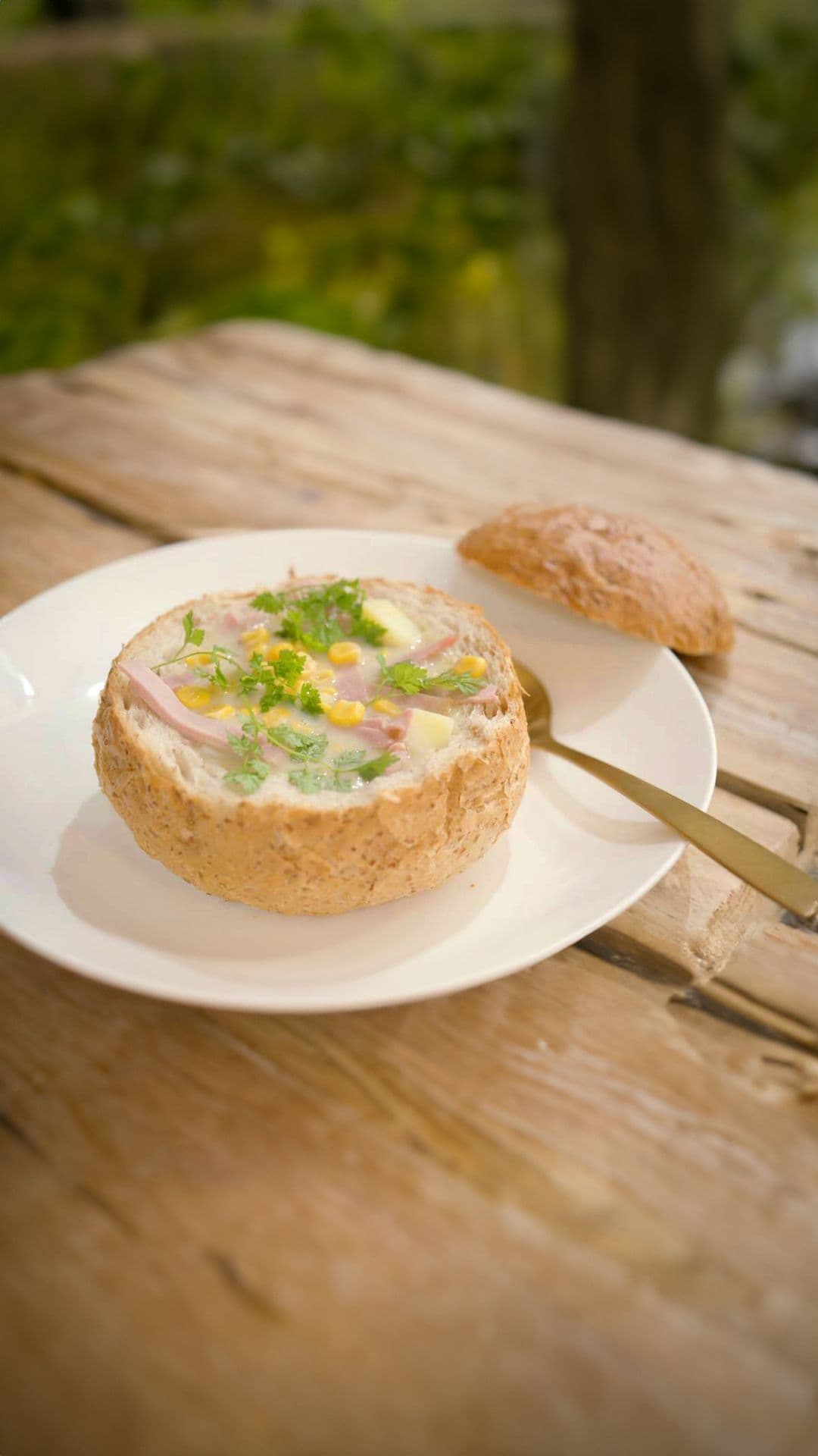 Chowder met gekookte ham, prei en maïs