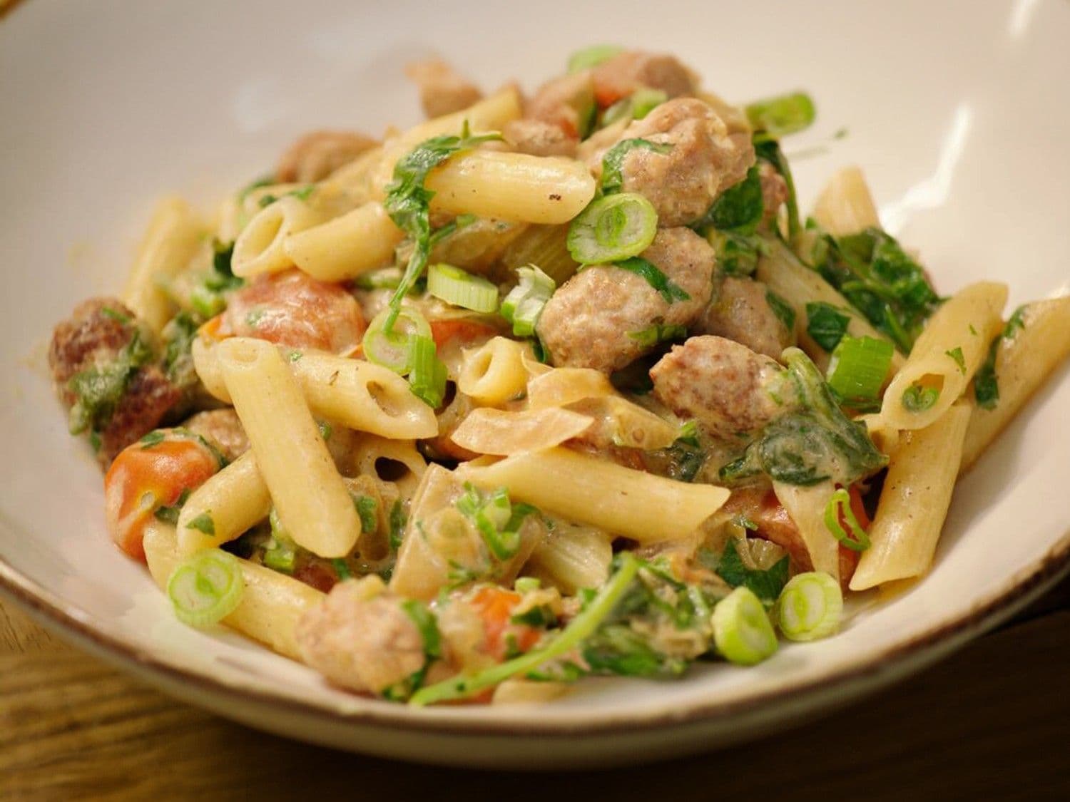 Pasta met venkel, spinazie en merguez