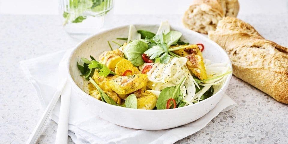 Salade van spinazie, venkel en konijn met saffraan