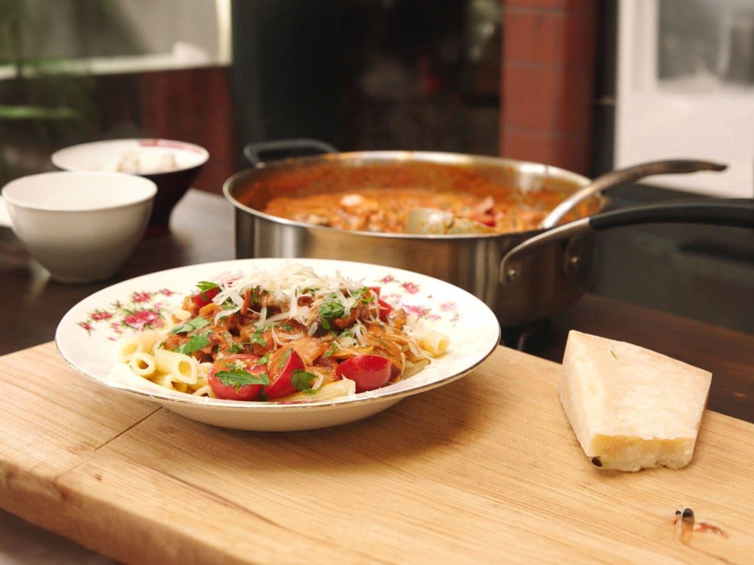 Pasta met champignons en kip