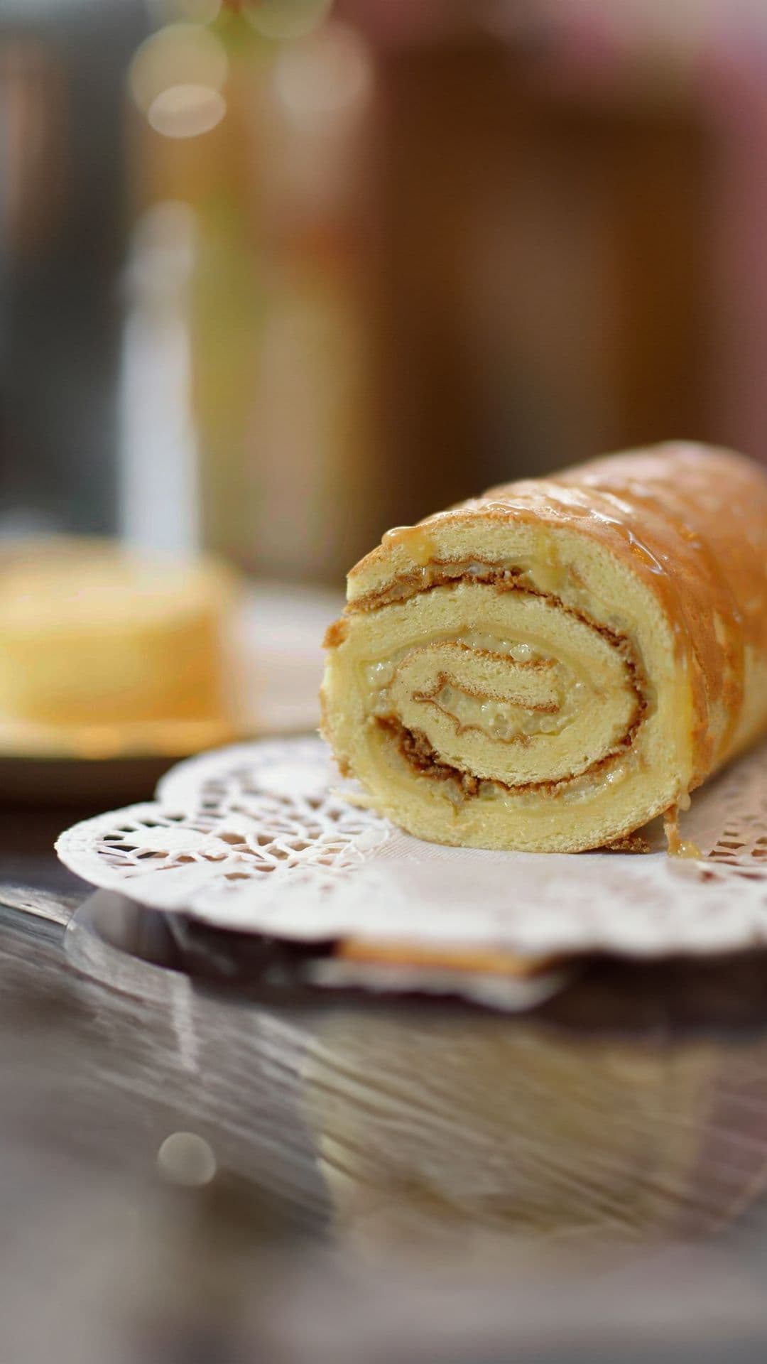 Swiss roll met rijstpap, speculaas en karamelsaus