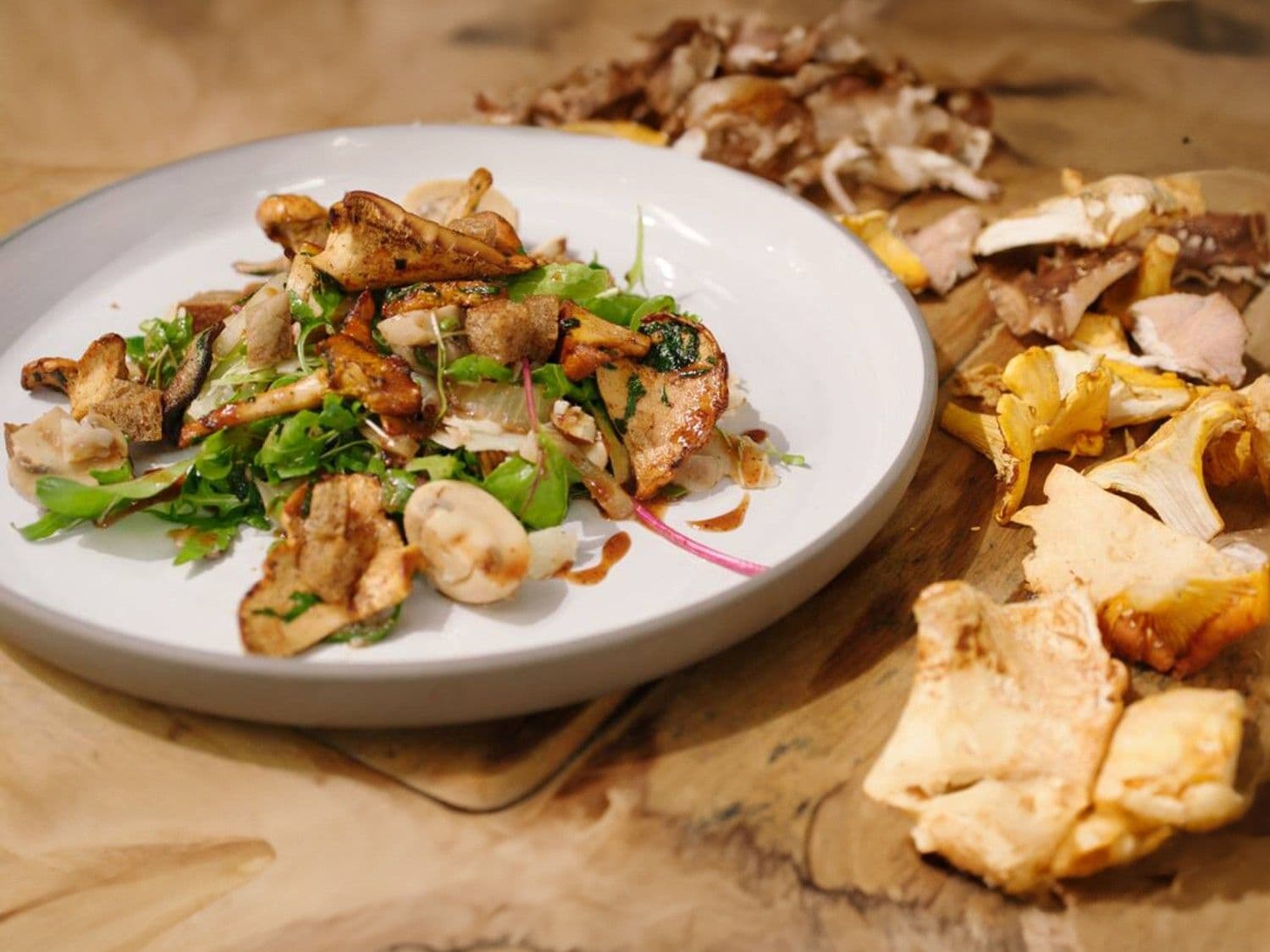 Salade met boschampignons en roggecroutons