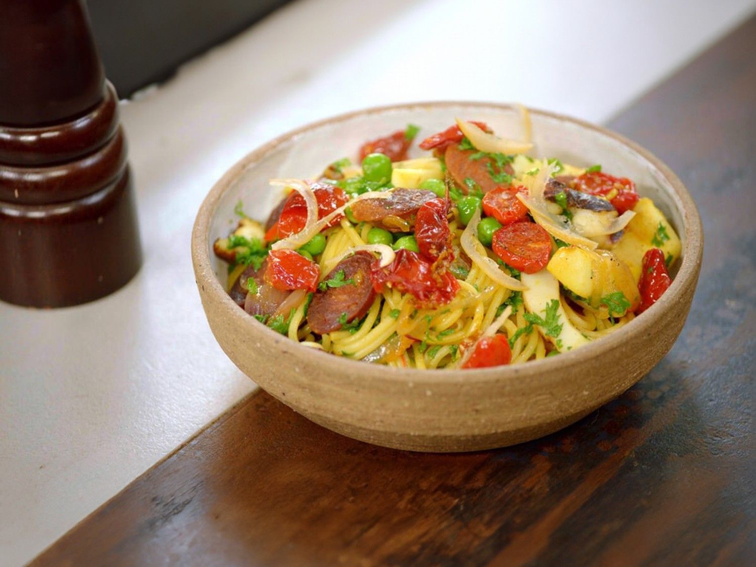 Pasta met sepia, chorizo en gekonfijte tomaat