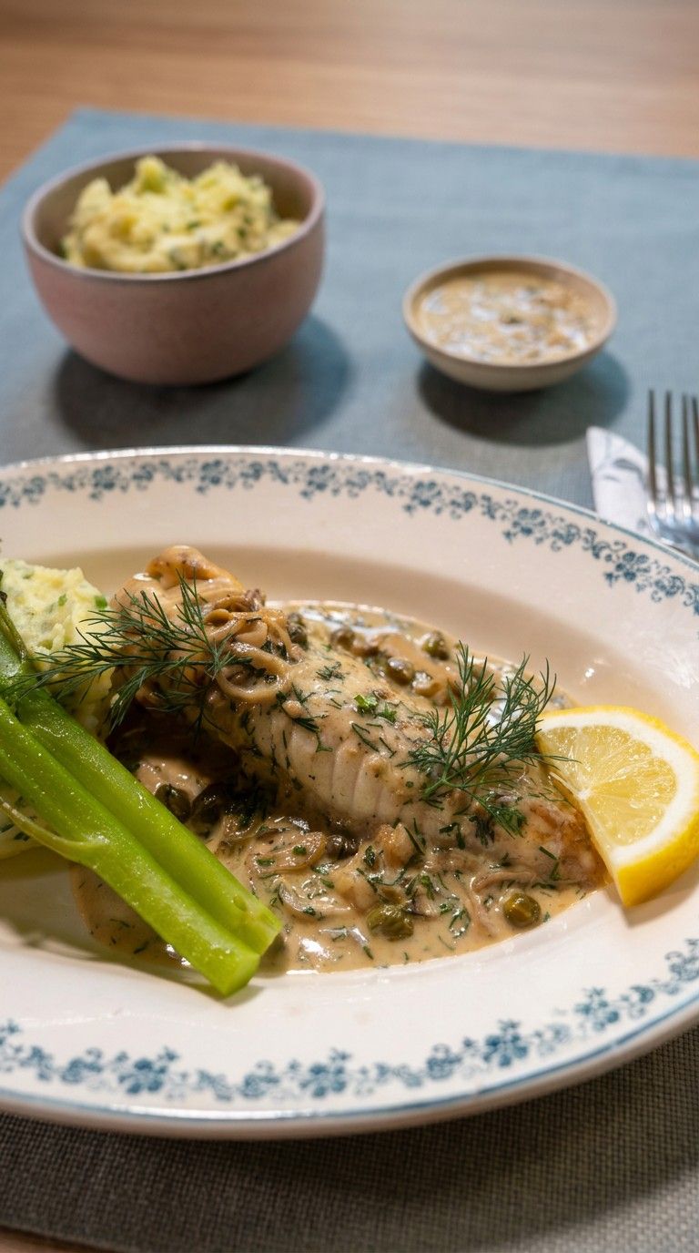 Zeeduivel met bieslookpuree, broccolini en roomsaus met kappertjes en dille