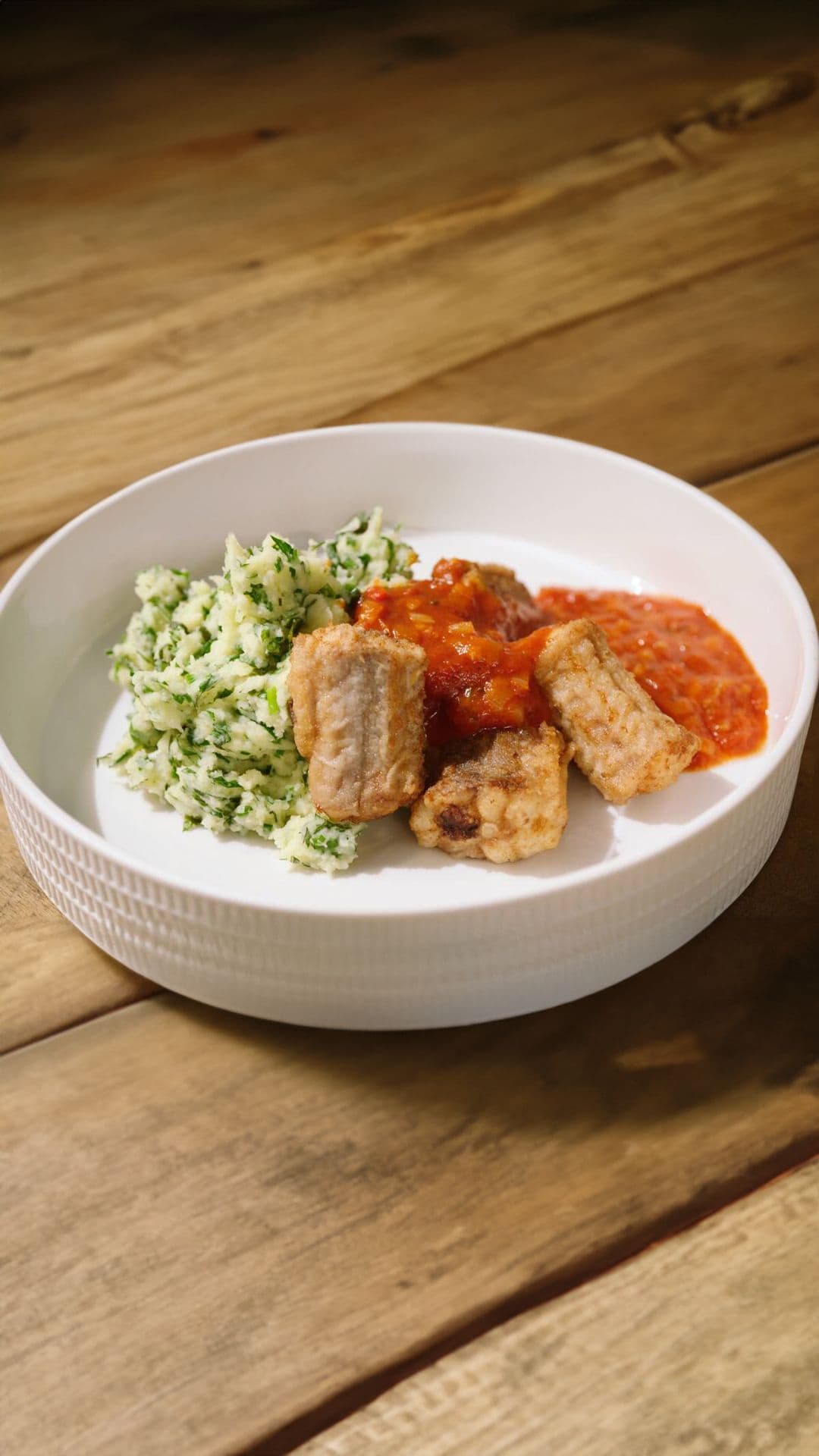 Hondshaai met tomatensaus en groene kruidenpuree
