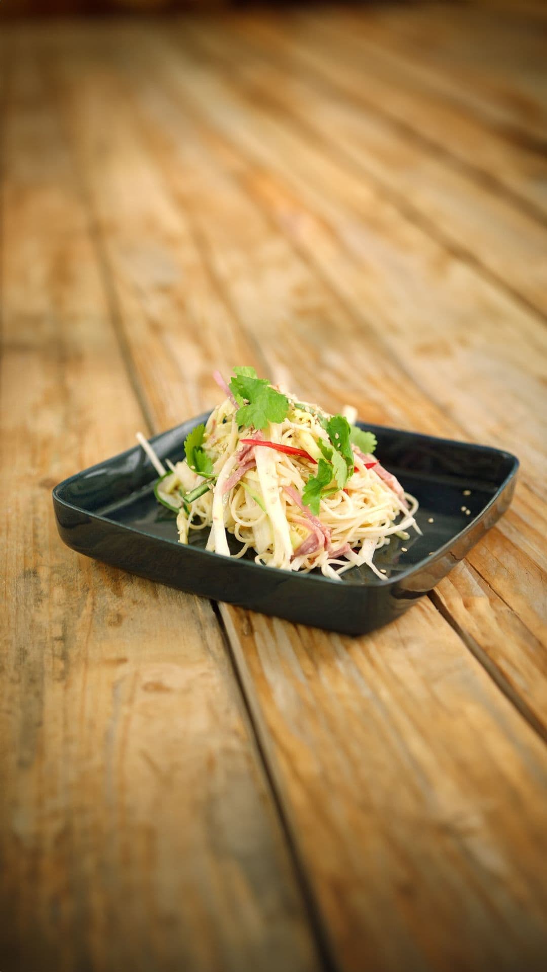 Noedelsalade met gerookte eend en sesamdressing