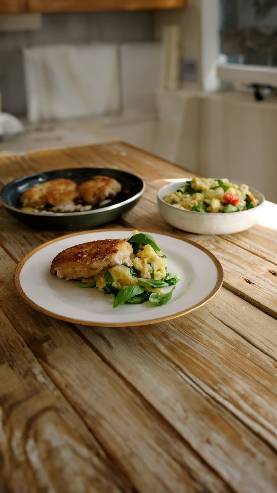 Zuiderse cordon bleu met geplette aardappel, zongedroogde tomaten en veldsla