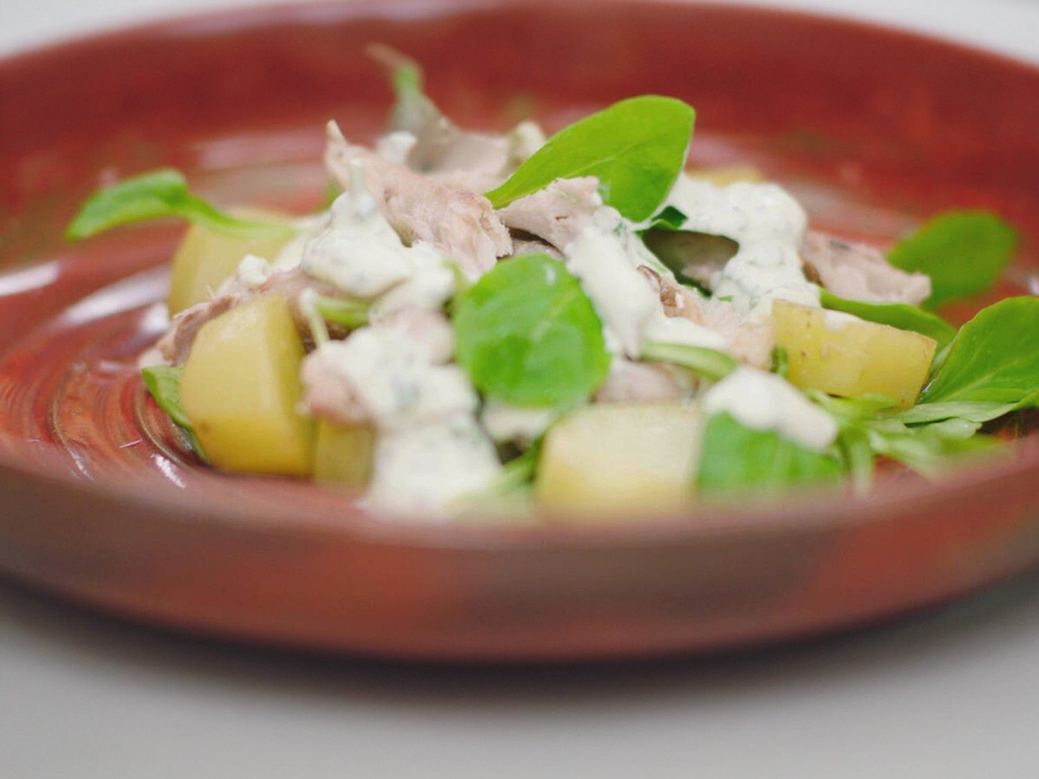 Gekonfijte aardappel met gerookte makreel en veldsla