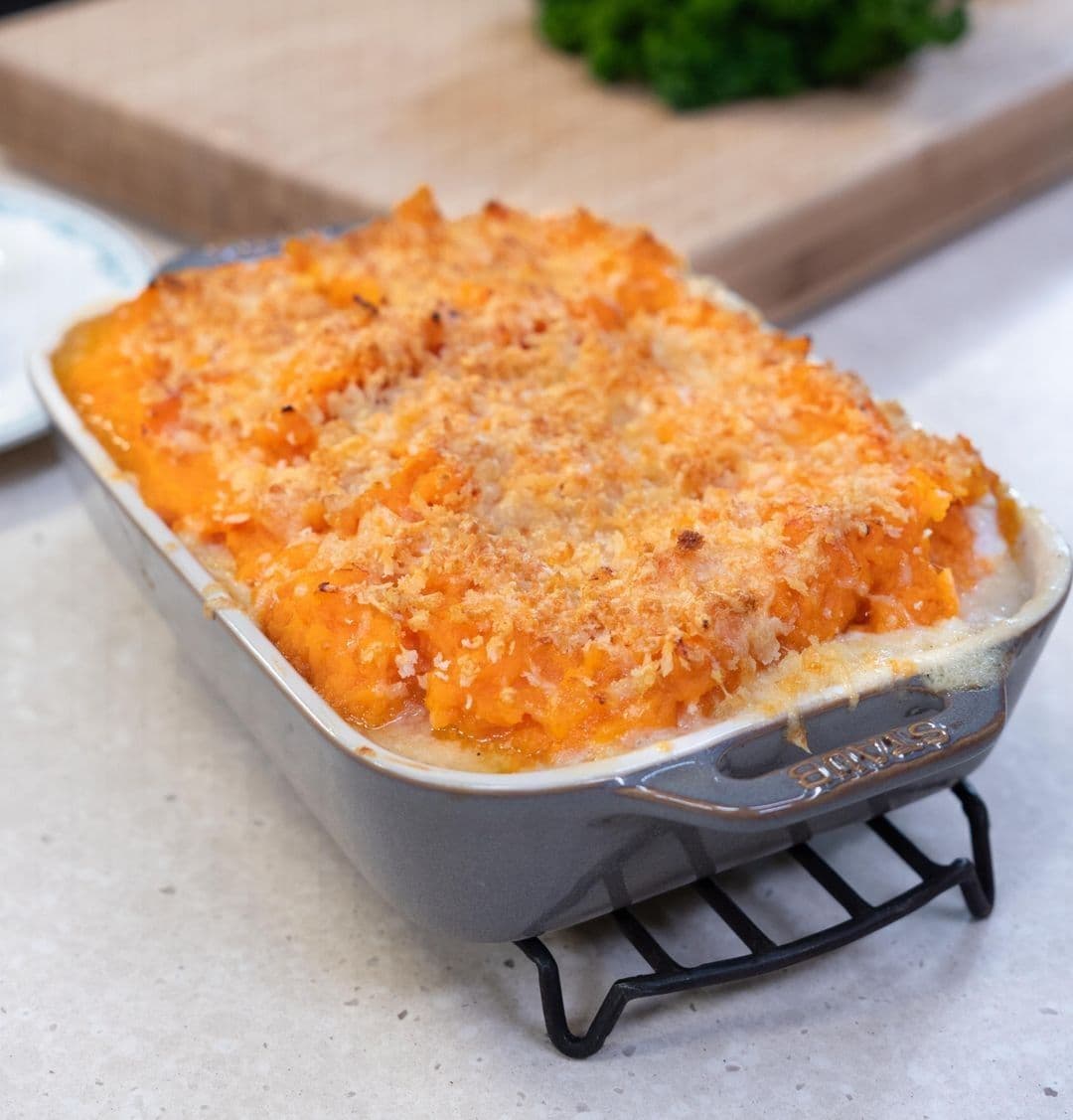 Fish pie met zoete aardappel en prei