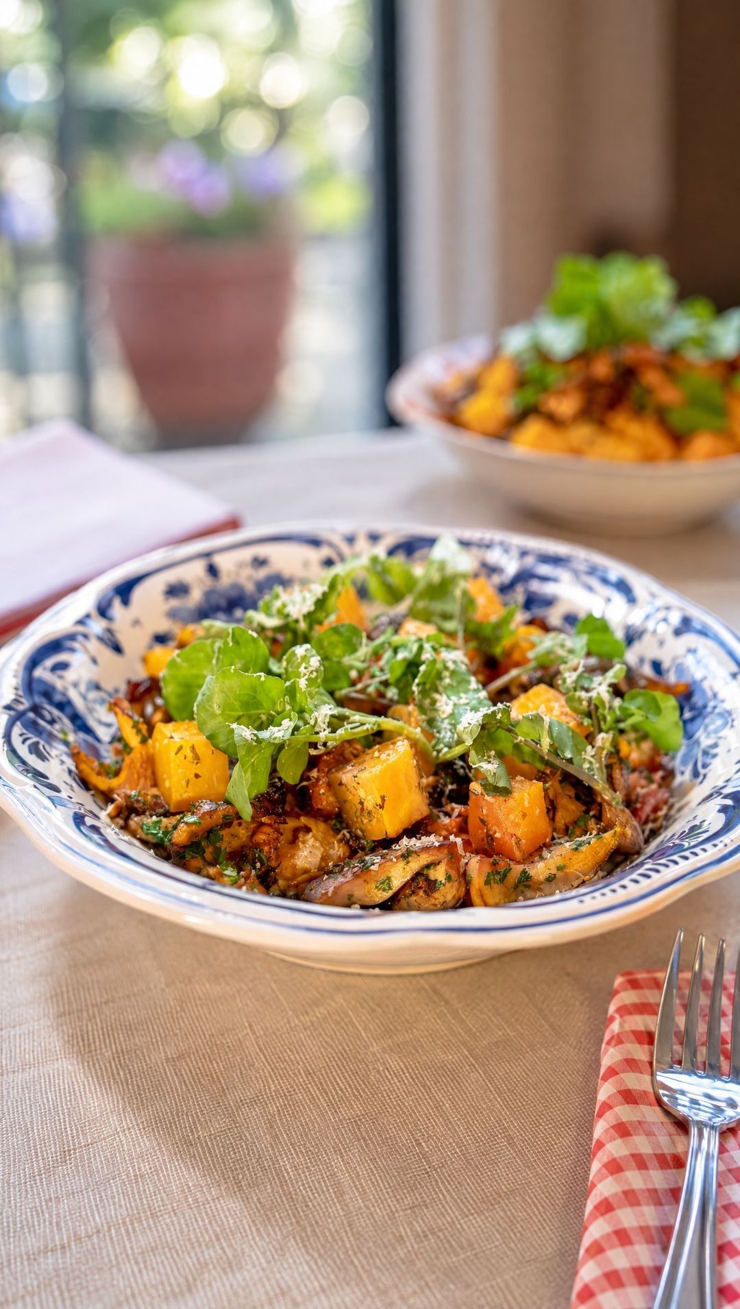 Orzotto met geroosterde pompoen, boschampignons en speck