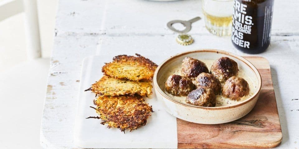 Balletjes in mosterdsaus met groenterösti