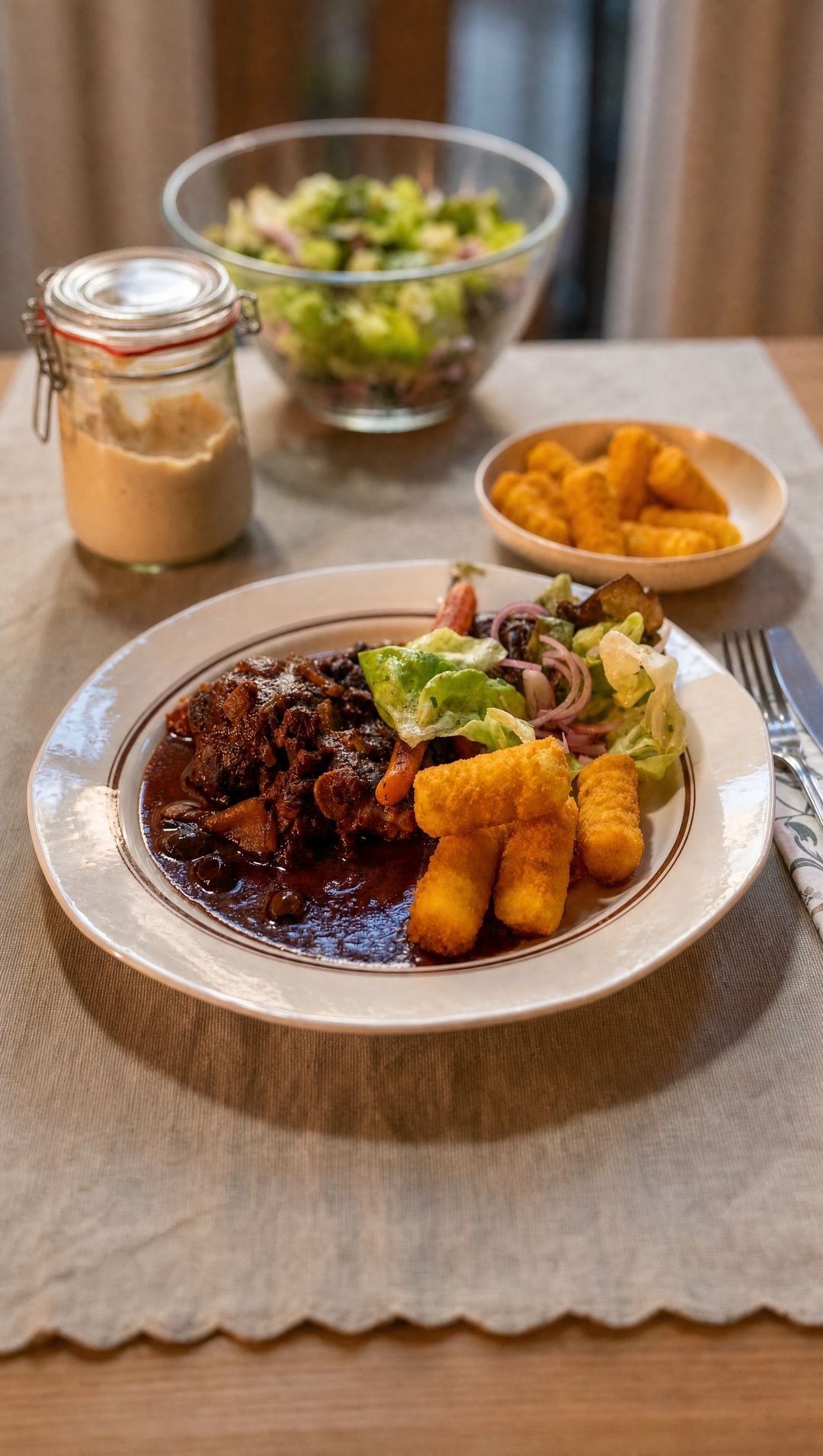 Daube van varkenswangen met geglaceerde wortel, kroketten en sla