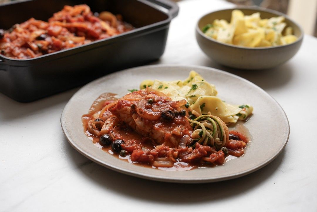 Koolvis puttanesca met pappardelle