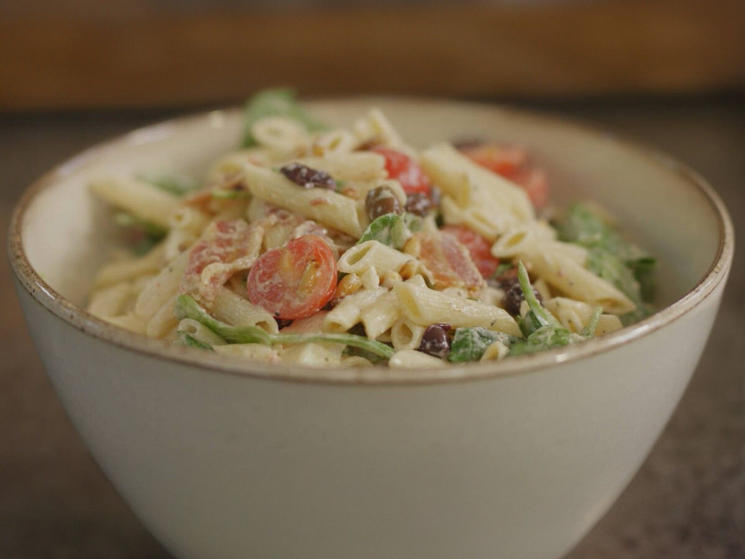 Koude pastasalade met spek en feta