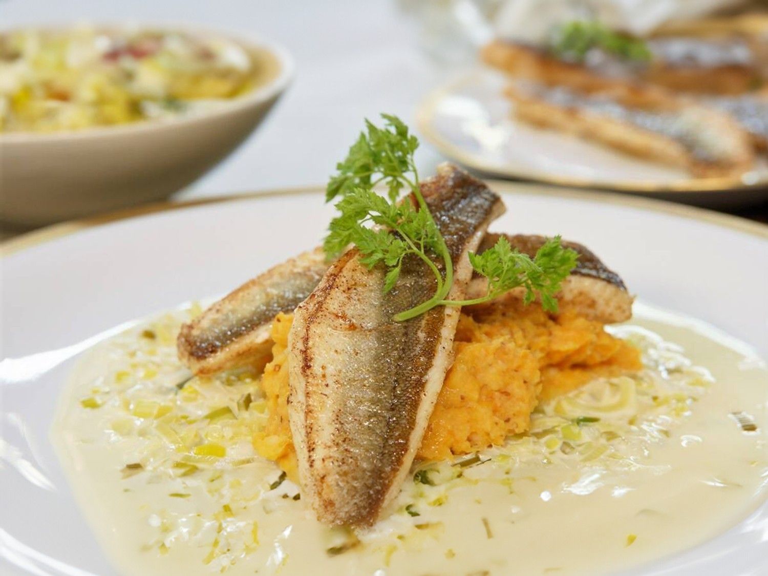 Rode poon met puree van zoete aardappel en preisaus