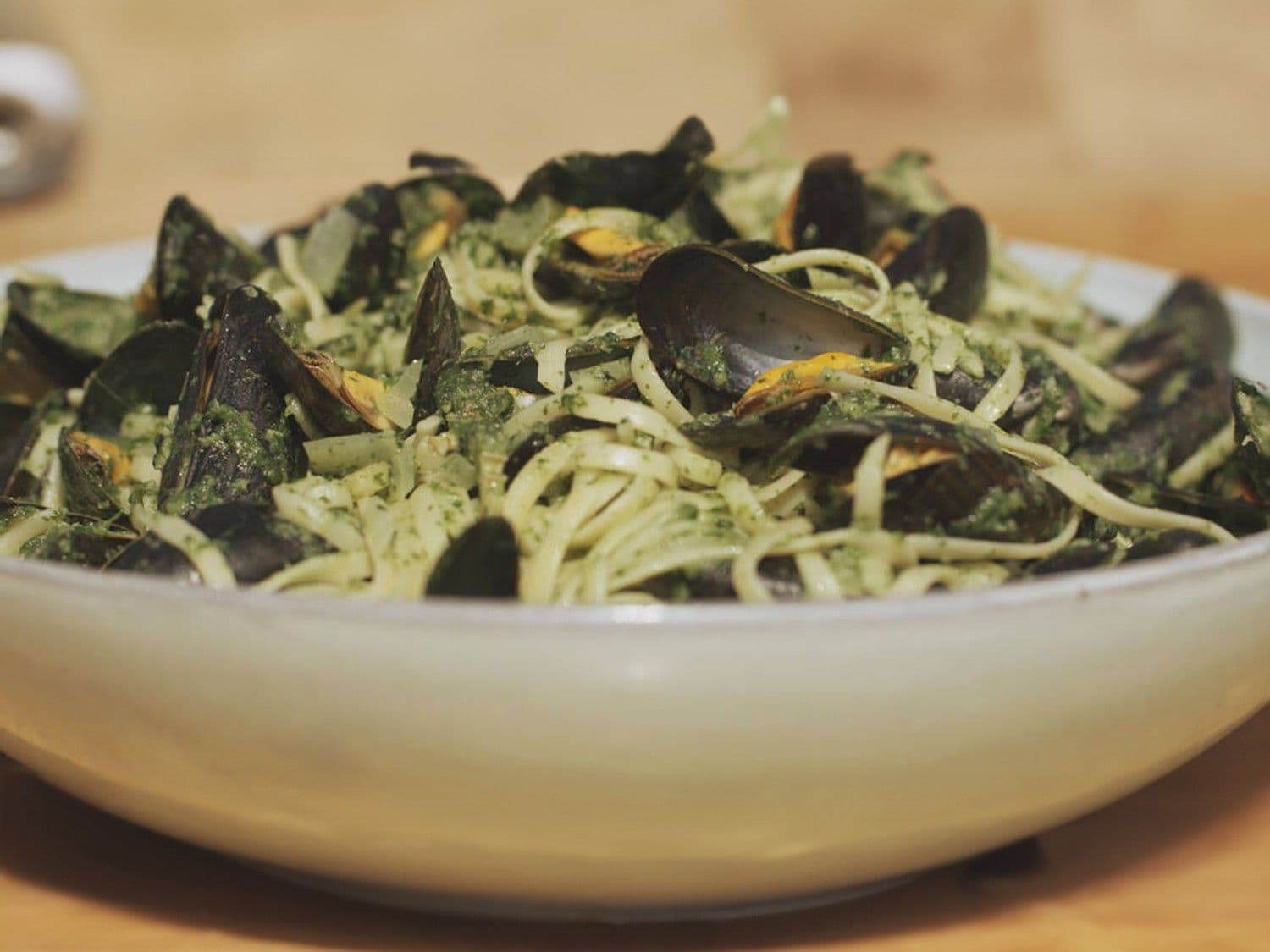 Mosselen in 't groen met pasta