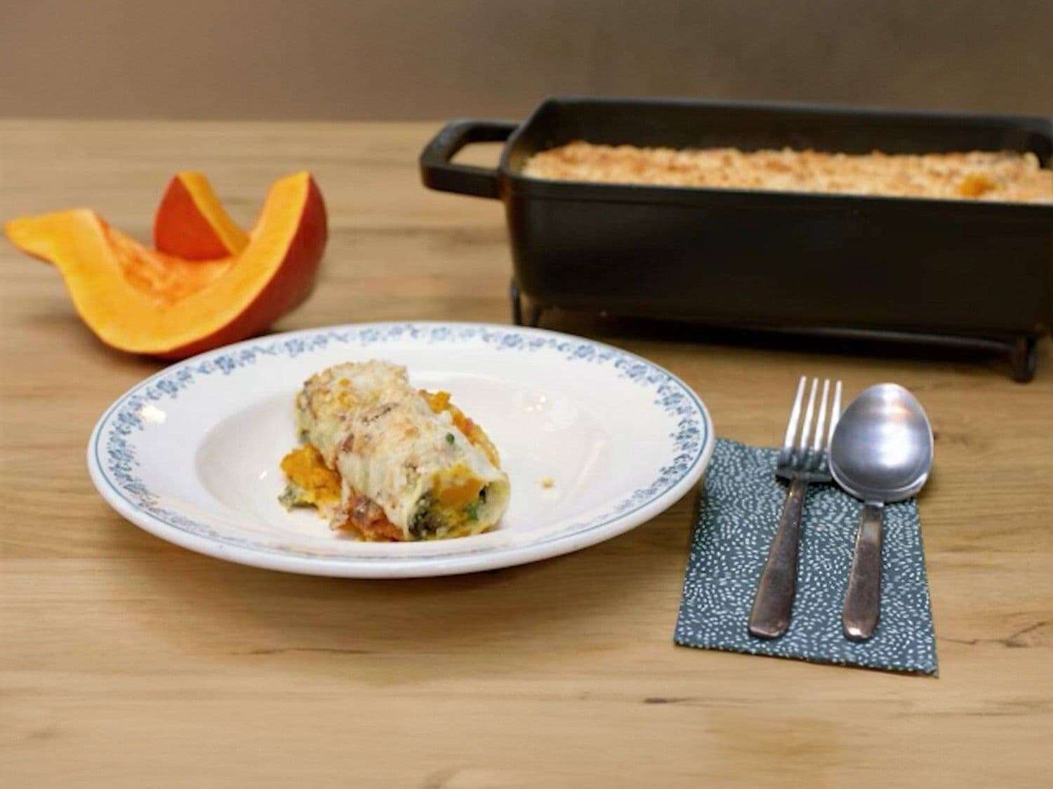 Cannelloni met boerenkool, boschampignons en pompoen