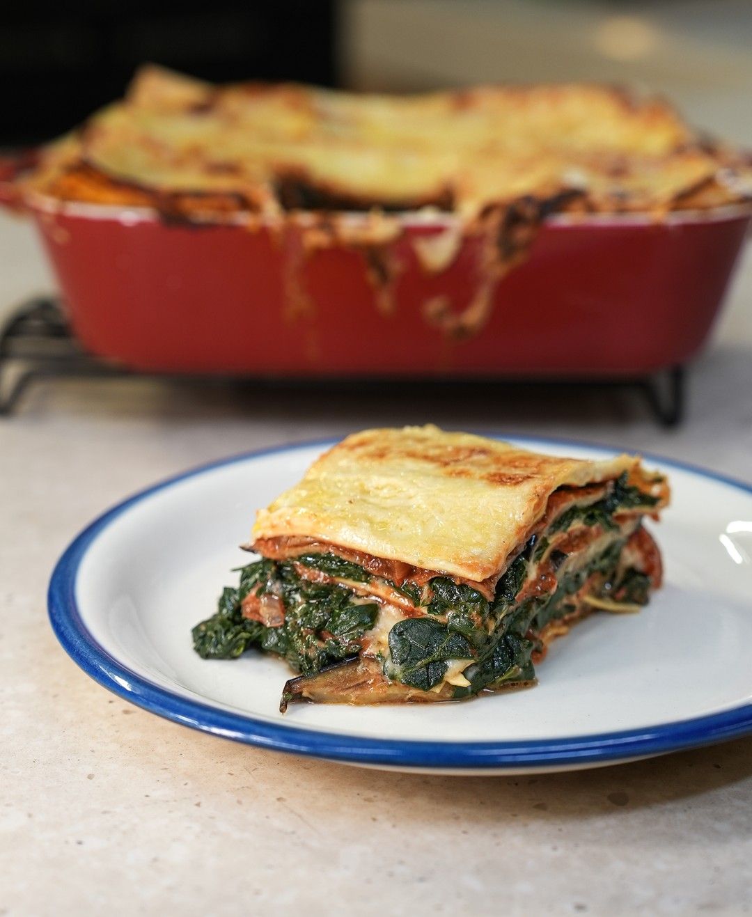 Verse lasagne met spinazie en gebakken aubergine