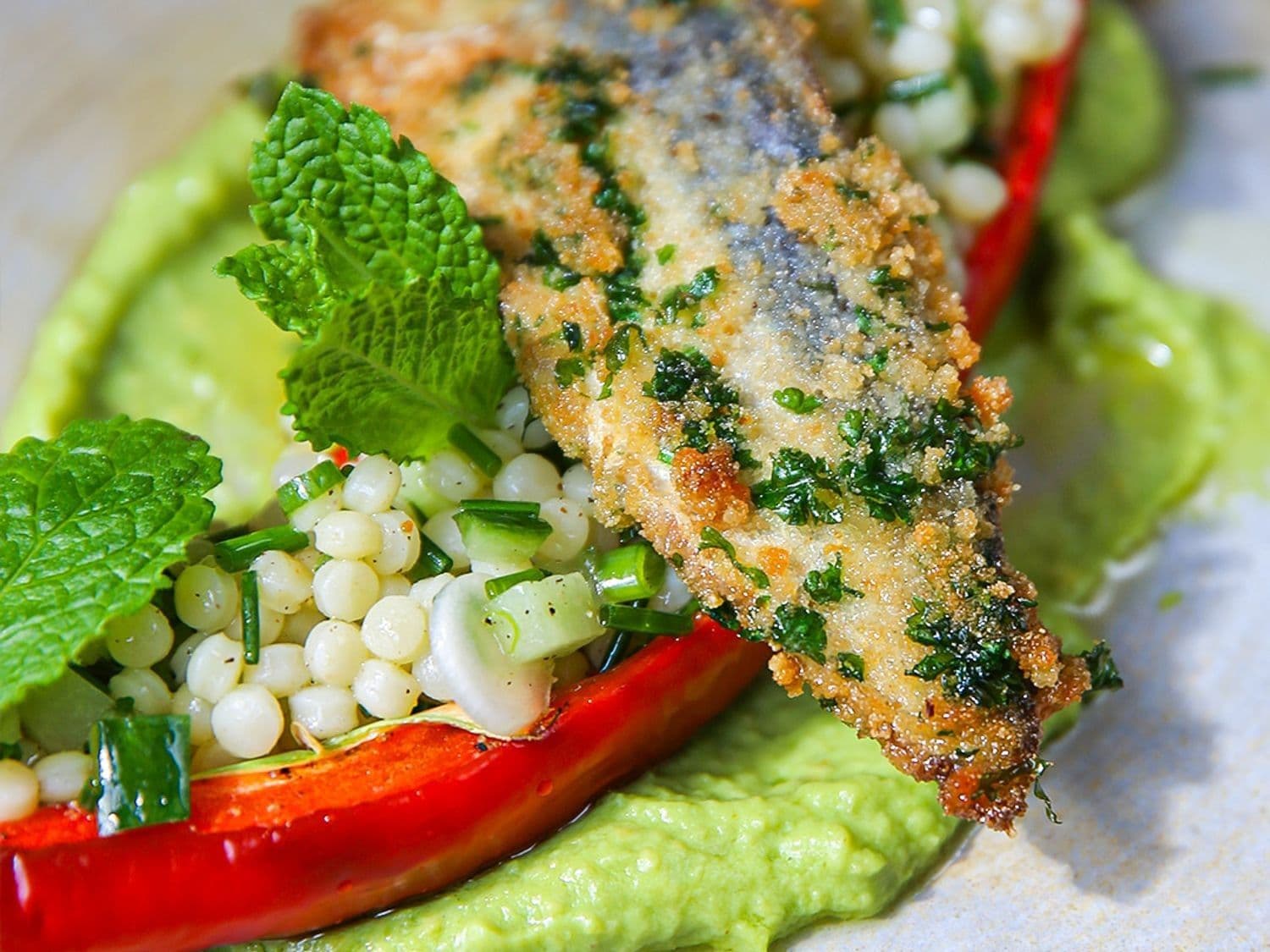 Gevulde puntpaprika met fregola sarda, avocadocrème en sardientjes