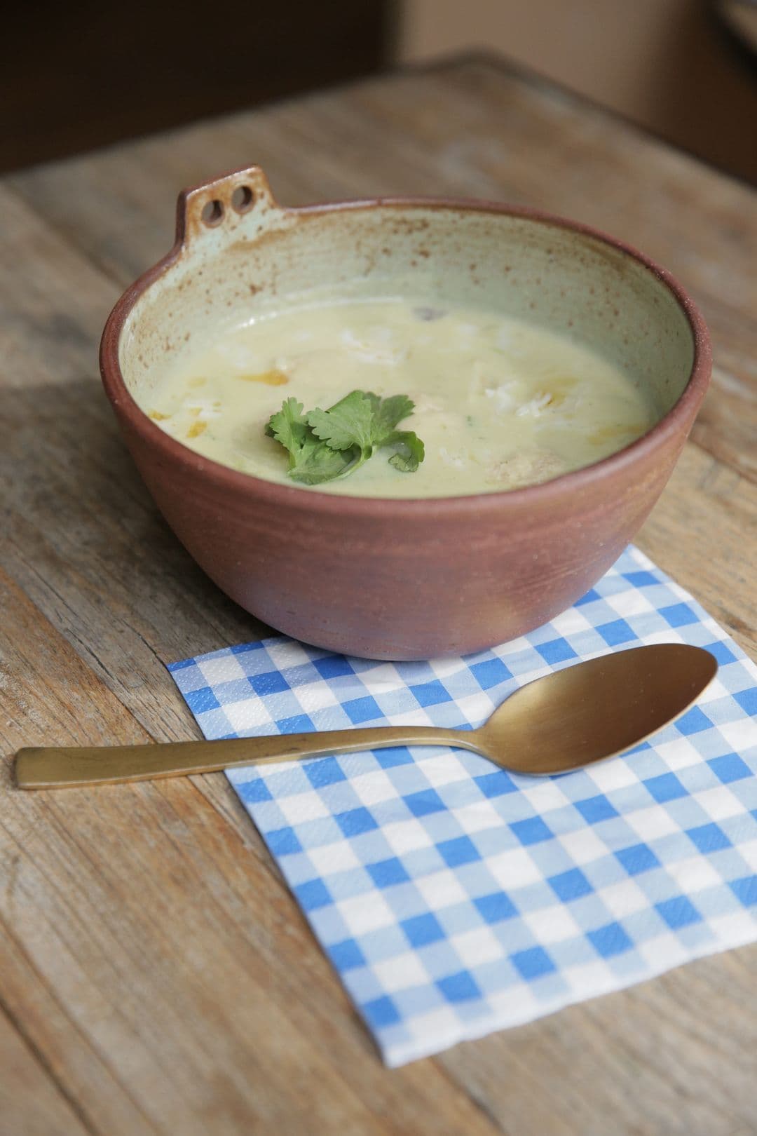 Venkelsoep met groene curry, basmati en kipgehaktballetjes