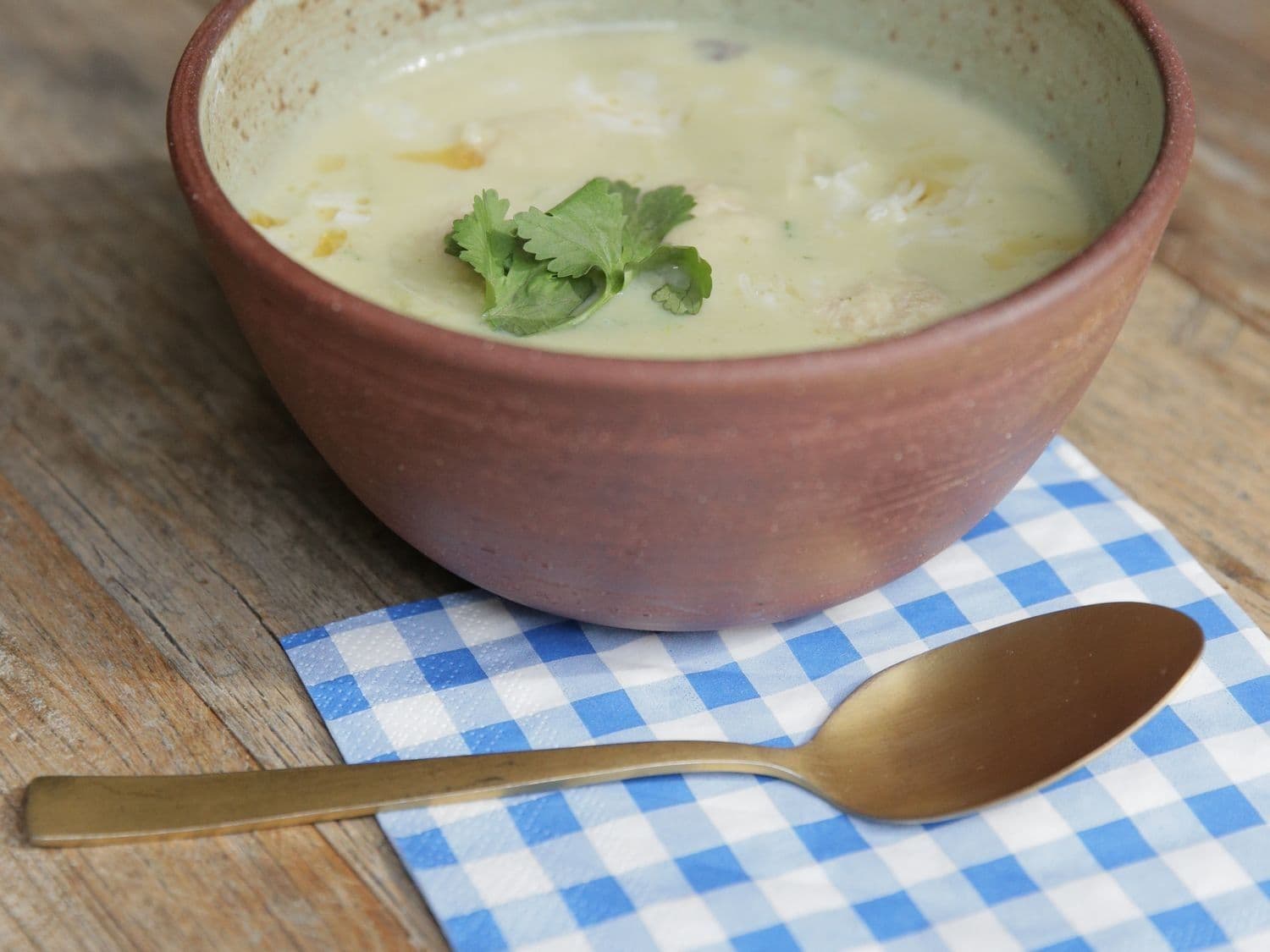 Venkelsoep met groene curry, basmati en kipgehaktballetjes