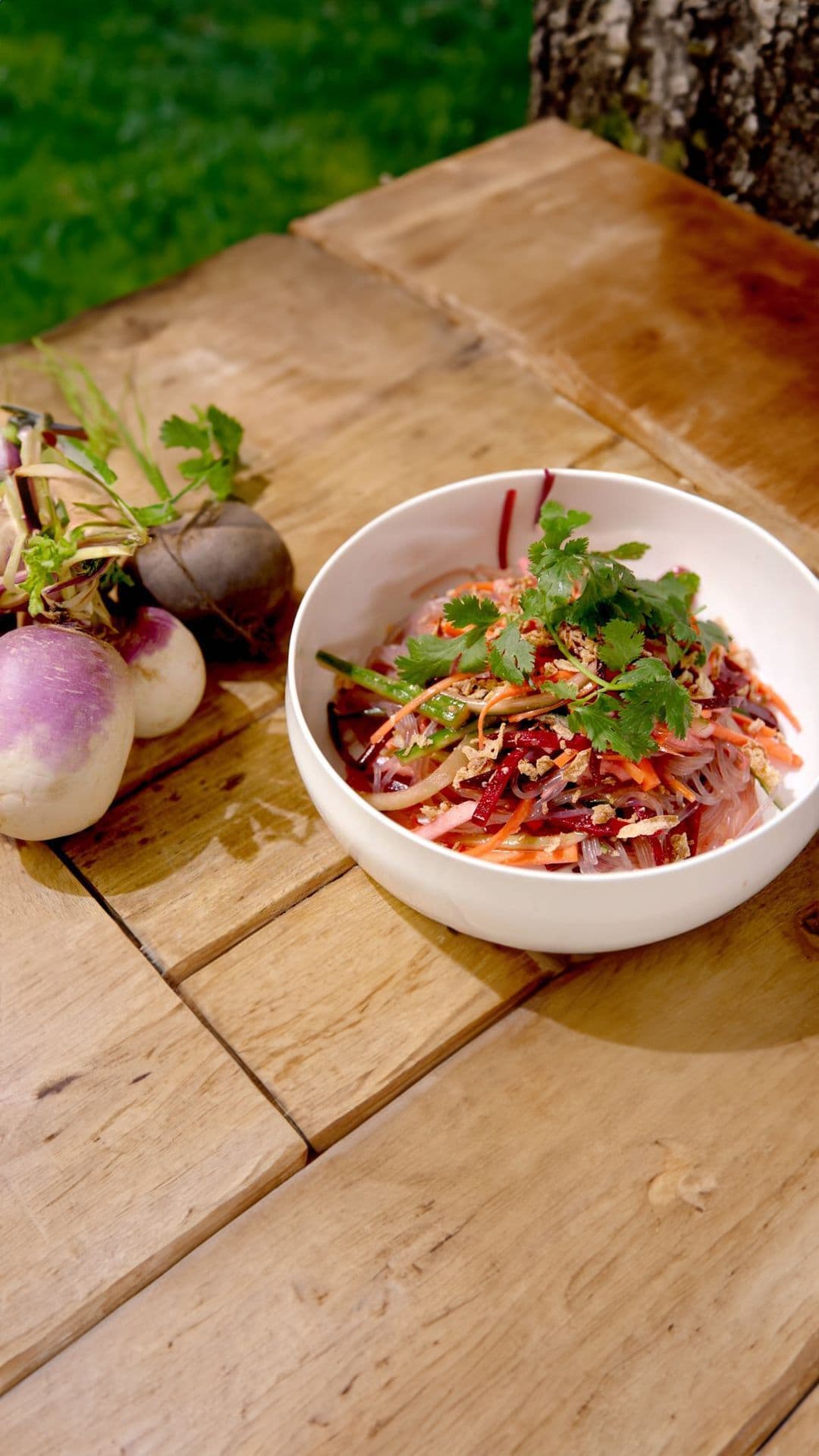 Oosterse noedelsalade met rode biet, raap en misovinaigrette