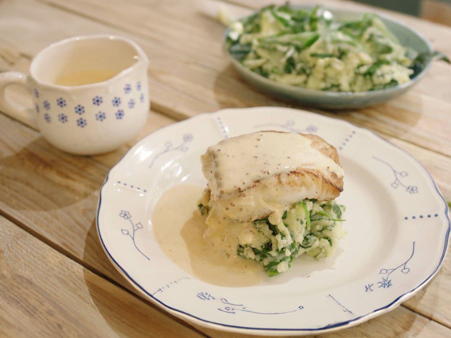 Kabeljauw met spinaziepuree en dijonaise
