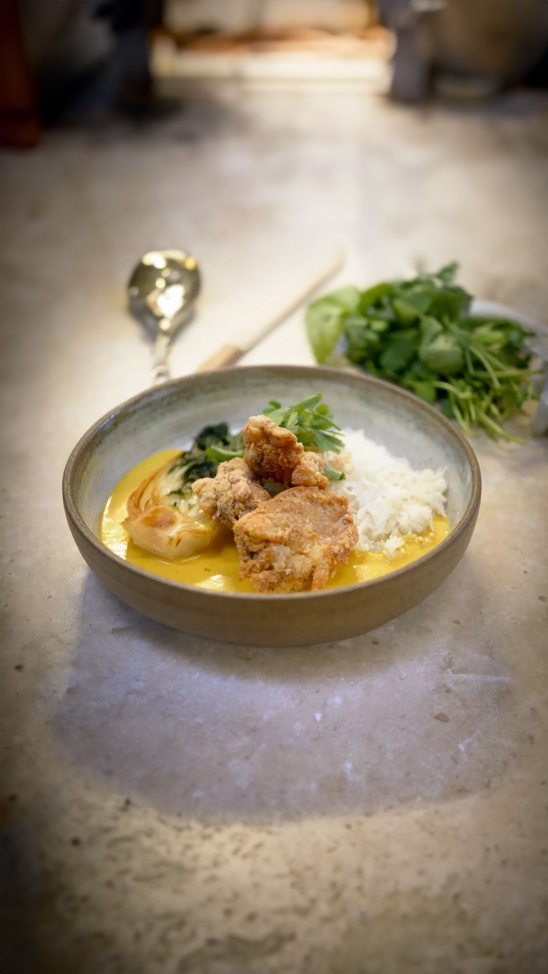 Kippendijen in currysaus met boksoi en rijst