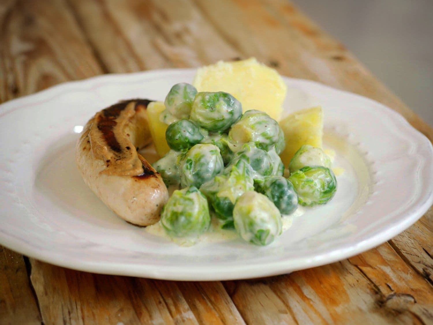 Witte pens met spruitjes in kaassaus en gekookte aardappelen
