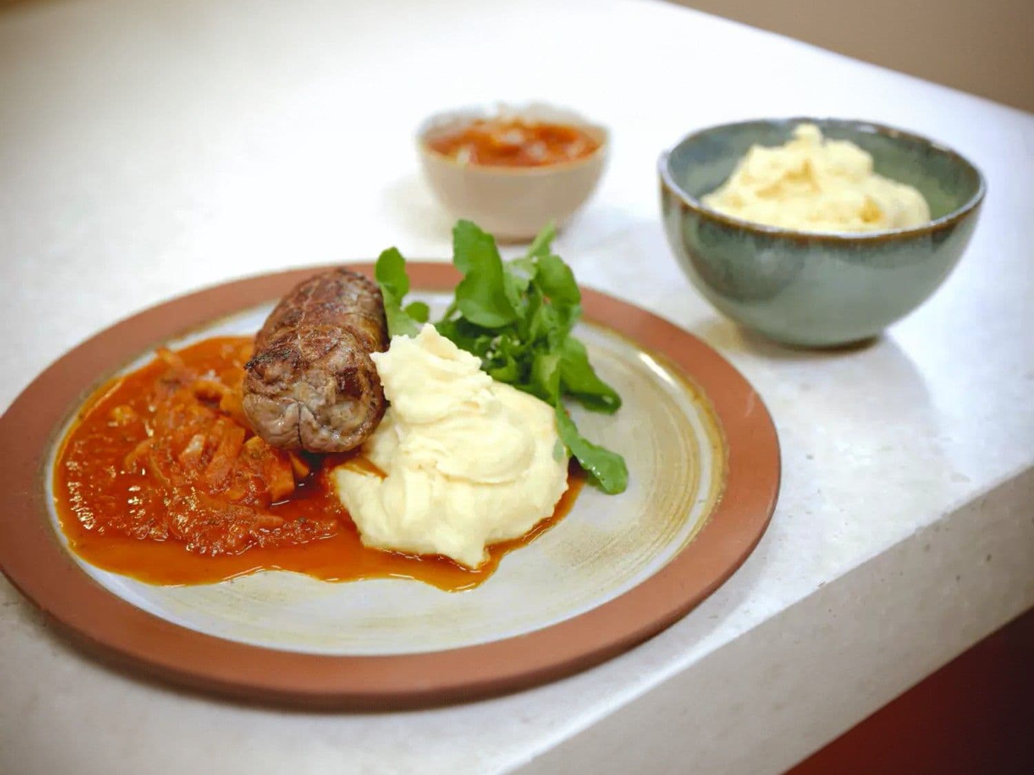 Blinde vinken à la grecque met aardappelpuree en waterkers