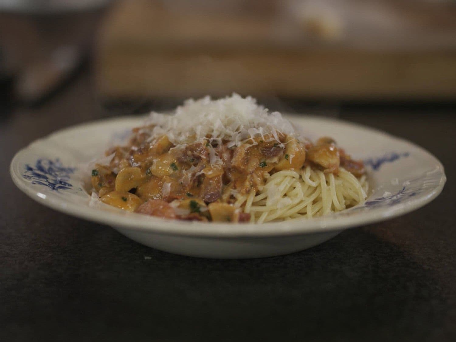 Spaghetti met pancetta en kerstomaat