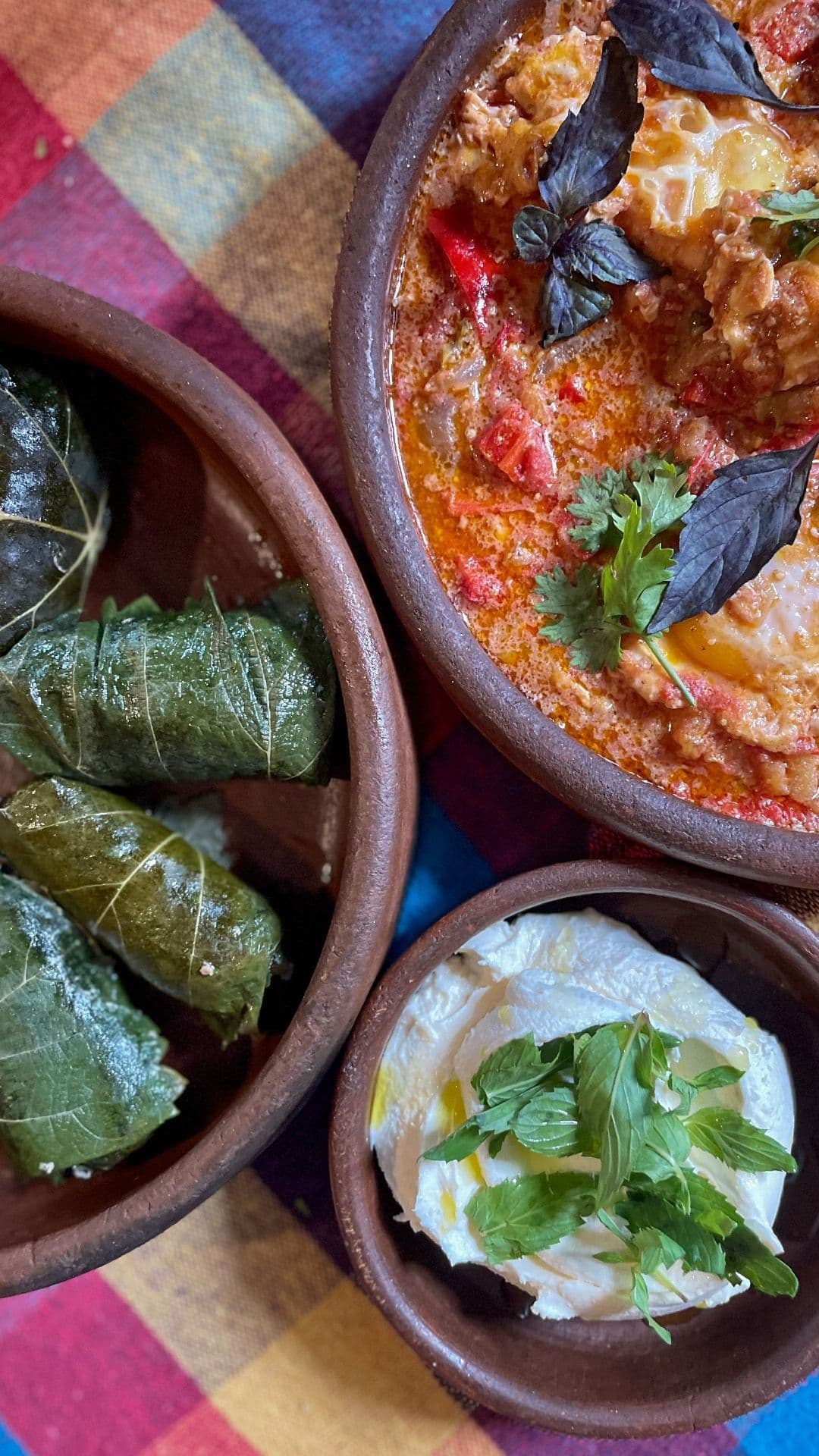 Gepocheerde eieren in tomatensaus en gevulde wijnbladeren