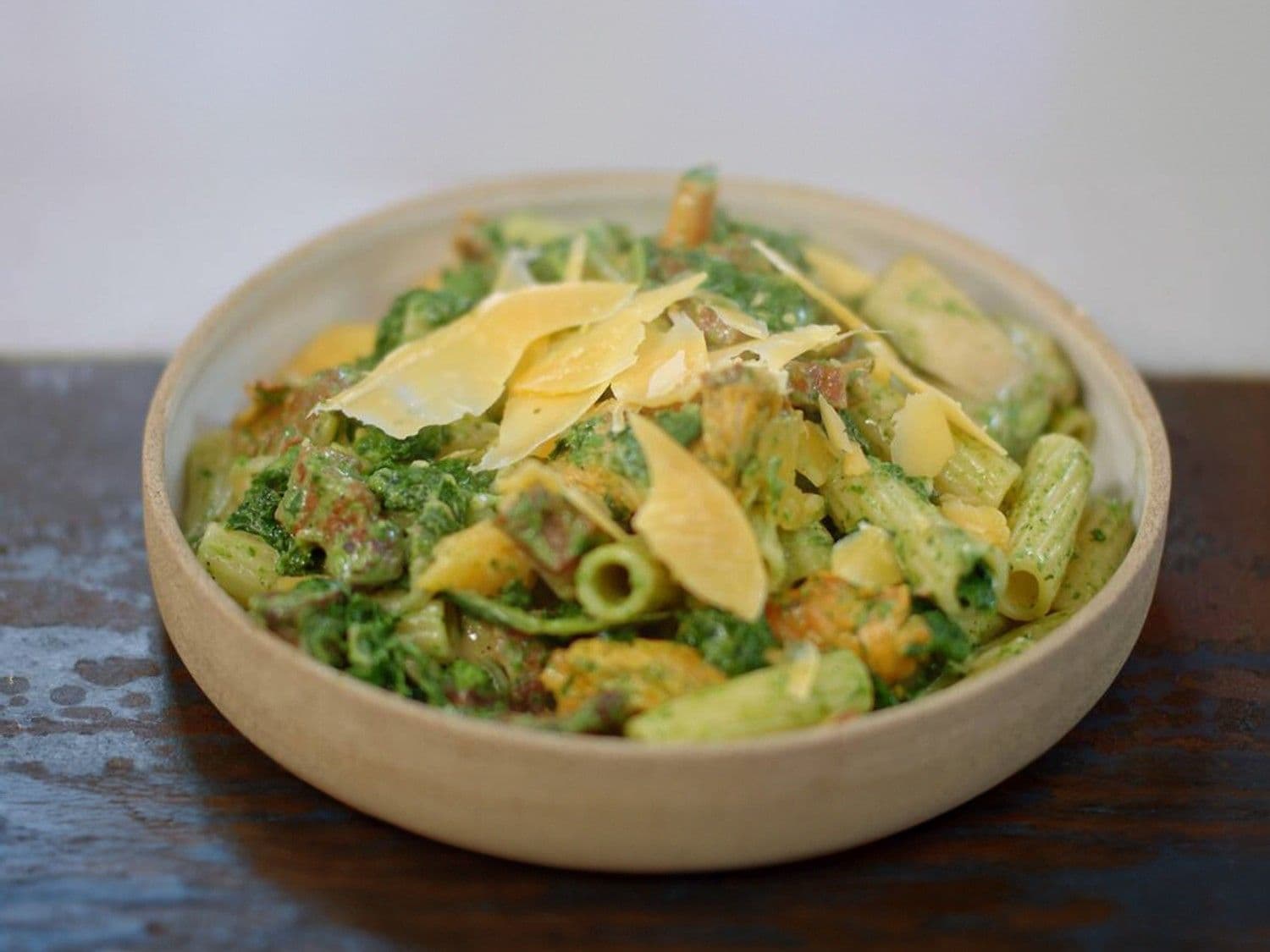 Pasta met speck della Valtellina, boerenkool en Flandrien Kaas