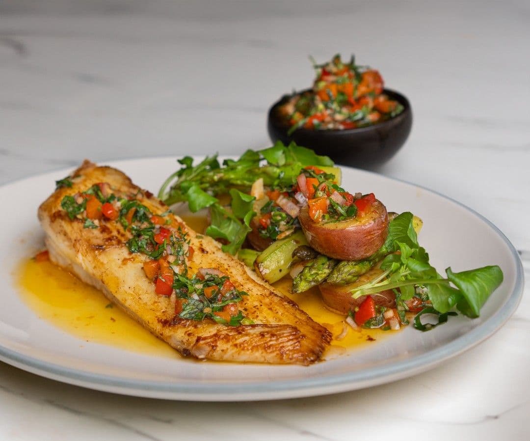 Rogvleugel met gebakken aardappelen, groene asperges en chimichurri