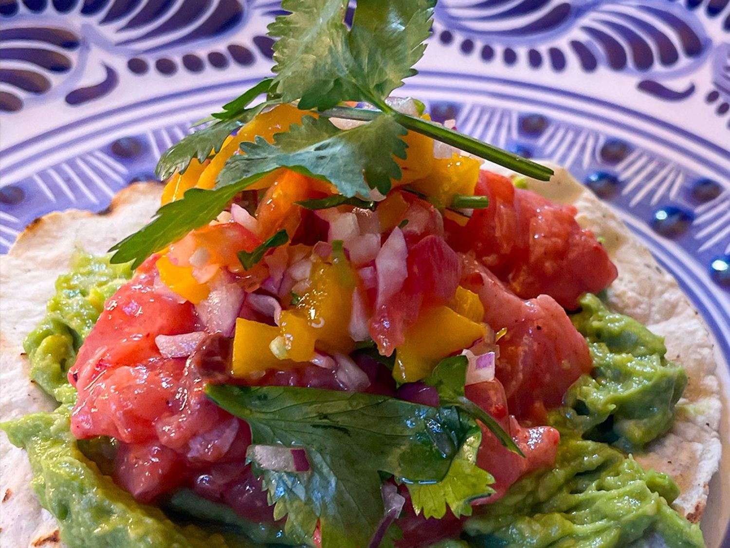 Verse vistaco met ceviche van makreel, guacamole en pico de gallo met mango