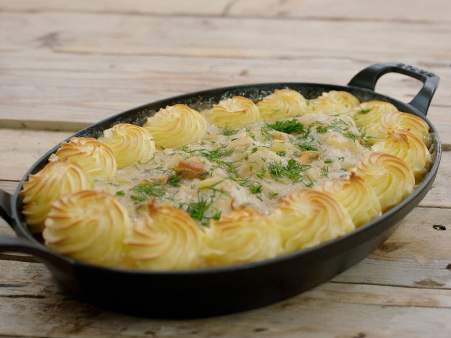 Zeewolf met venkel, mosselen en pommes duchesse